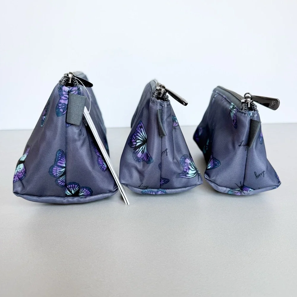 NWT Lug Schooner Butterfly Grey 3-Piece Cosmetic Makeup Travel Pouch Storage Set
